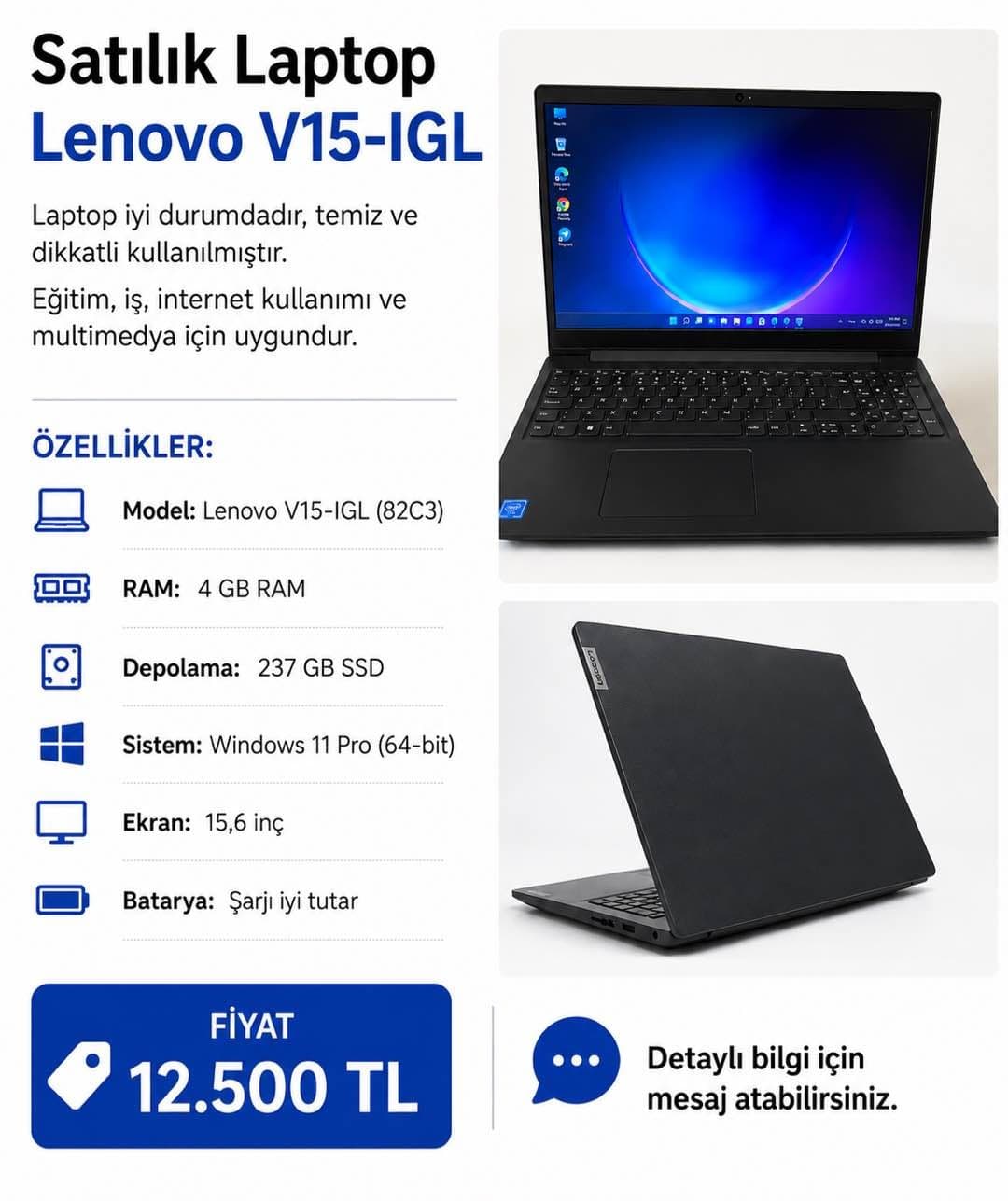     Lenovo V15-IGL 4GB RAM 237GB SSD Windows 11 Pro